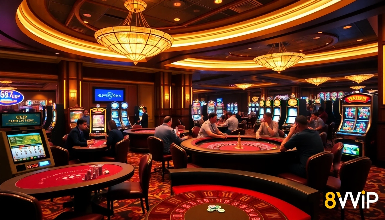 Players enjoying a thrilling game at the 68VIP casino, showcasing poker chips and tables.