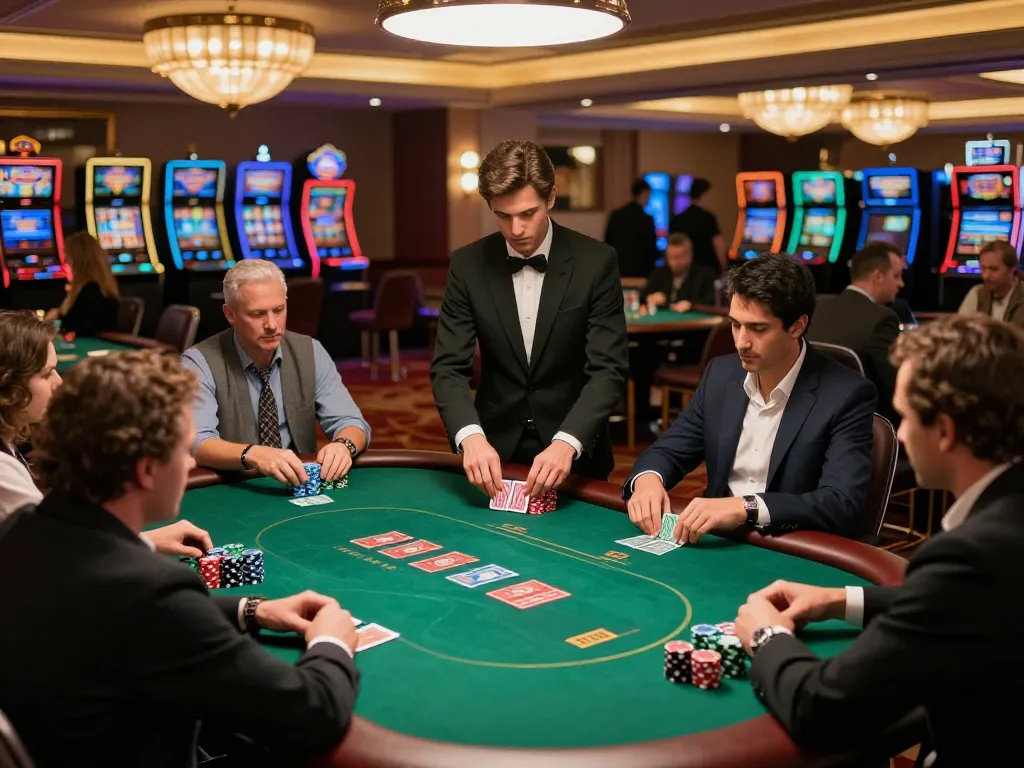 Engaging scene of gamblers at a poker table in a luxury casino, highlighting strategy and excitement, featuring dh88.