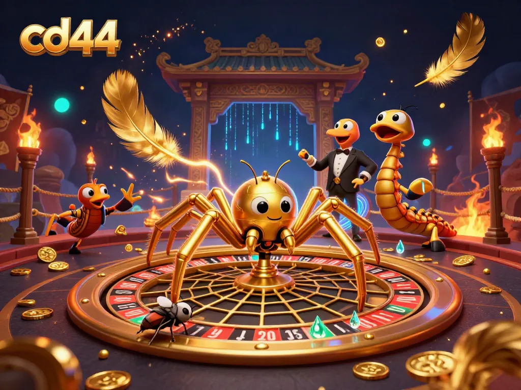 Experience thrilling bets at the roulette wheel with the cd44 gambling scene featuring a golden spider and centipede croupier.