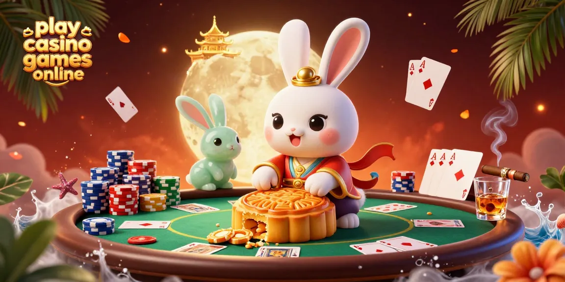 Play casino games online with an enchanting scene of a moon rabbit and poker elements.