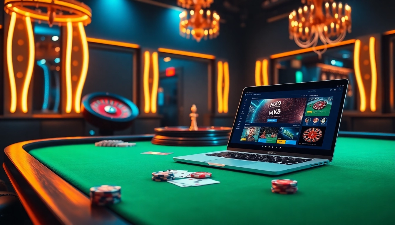Experience the thrill of online gambling with MK8 at an upscale casino environment featuring poker chips and a roulette wheel.