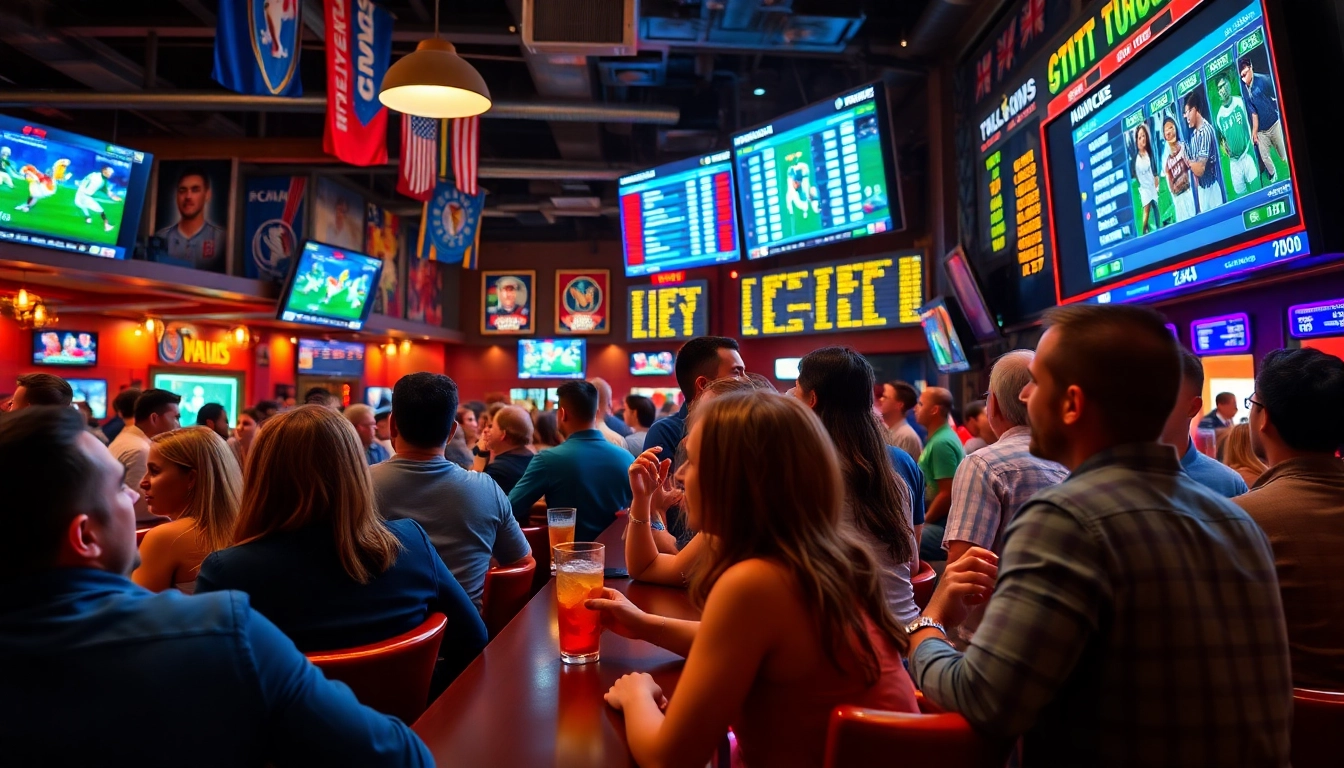 Engaged patrons enjoying sports betting at a lively sports bar with vibrant atmosphere.