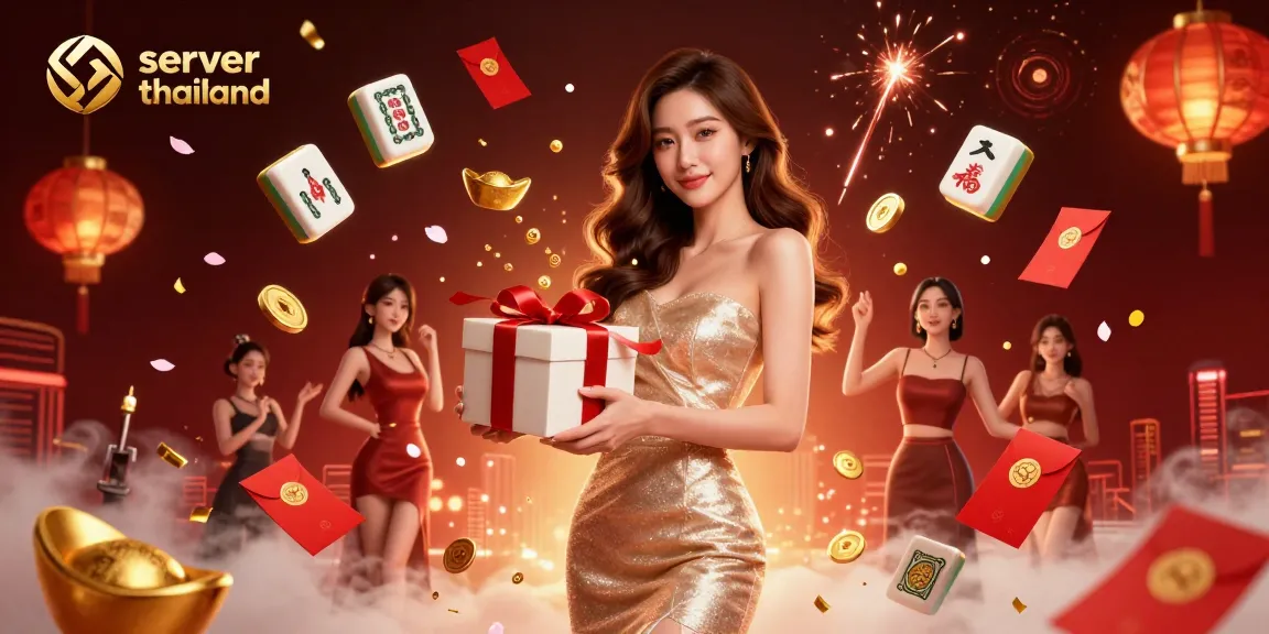 Spin golden coins in a festive casino scene for server thailand, celebrating Lunar New Year.