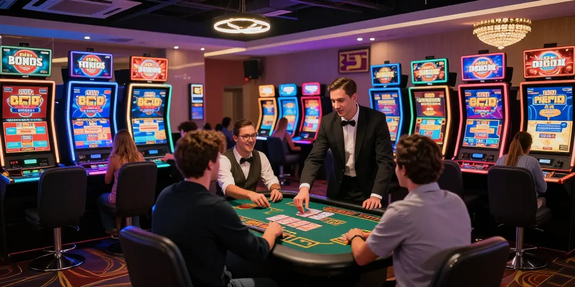 Exciting online casino with players at card tables and vibrant lighting, showcasing here the immersive gaming experience.