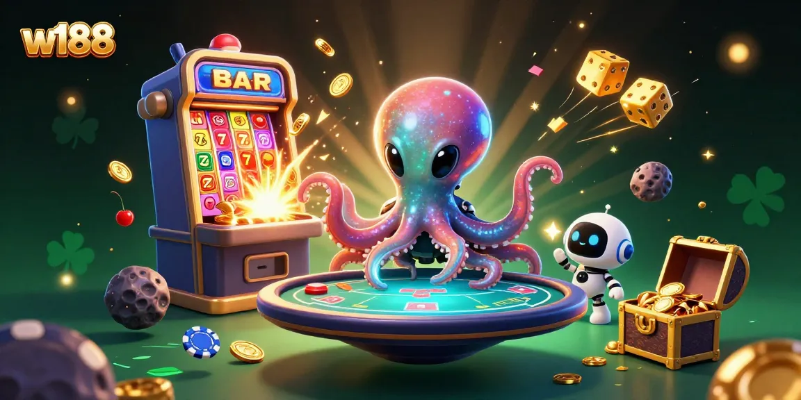 Experience the excitement of w188 with an alien octopus and a tiny robot in an action-packed casino scene.