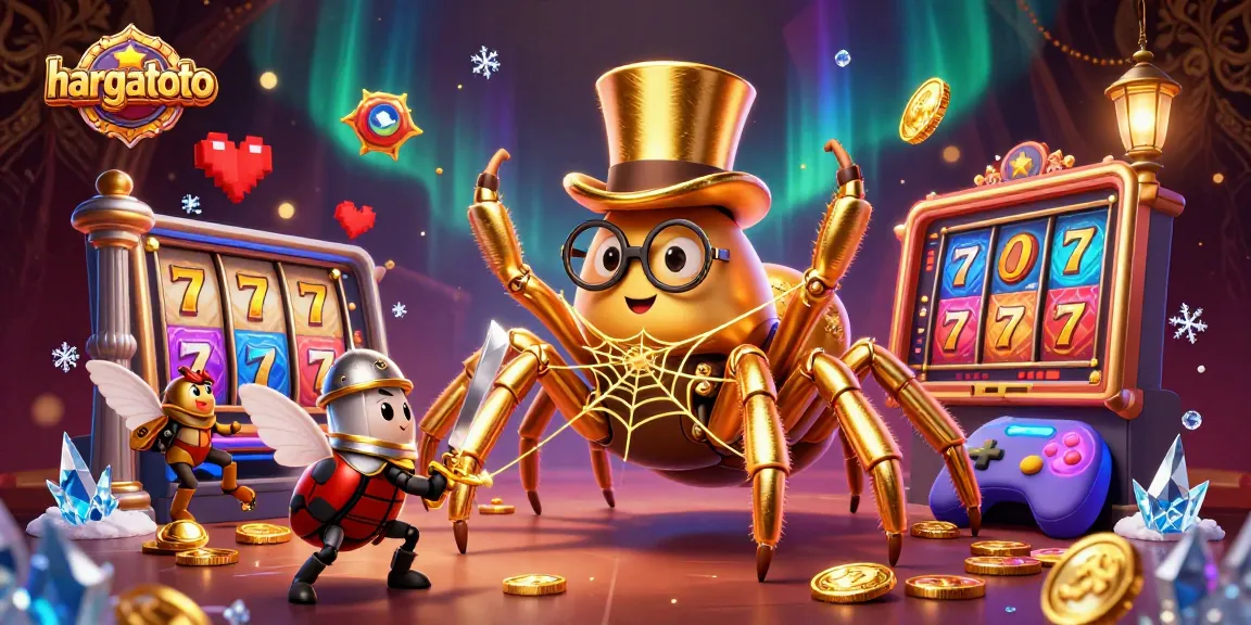 Experience thrilling gaming at hargatoto with golden tarantula and knight in a vibrant casino scene.