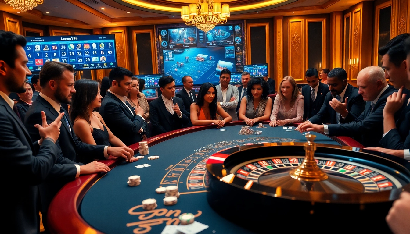 Players strategizing at a luxurious casino table featuring luxury138 branded poker chips and cards.