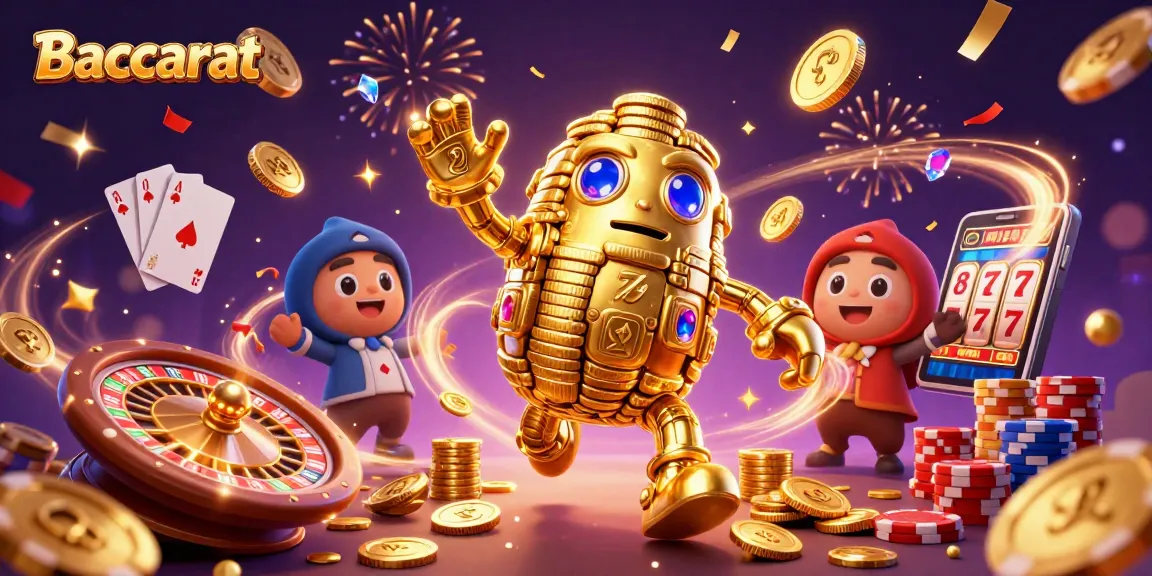 Experience Baccarat with 3D characters, golden coins, and exciting game elements in this vibrant illustration.