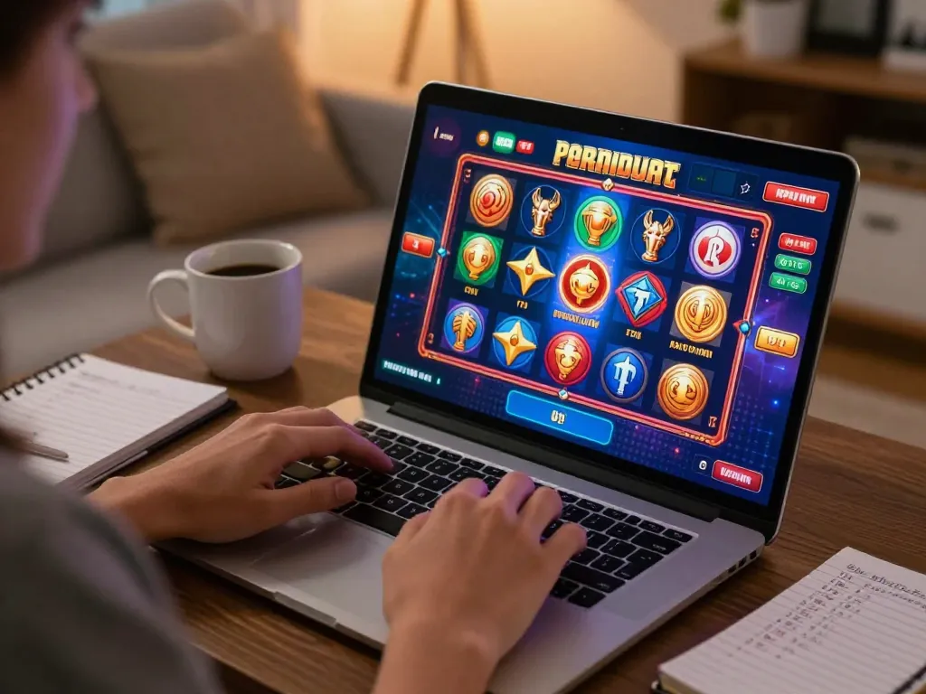 Engaging online slot gacor session at home, showcasing colorful gameplay and cozy atmosphere.