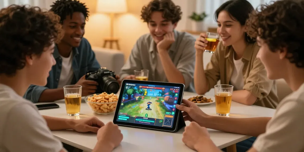 Exciting game night with friends playing 68gamebai on a tablet in a cozy living room setting.