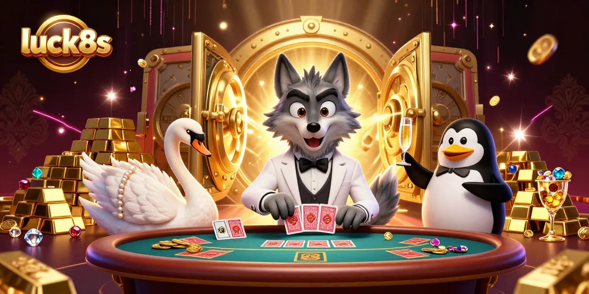 Experience thrilling gameplay at luck8s with a debonair wolf and elegant swan in a vibrant casino scene.