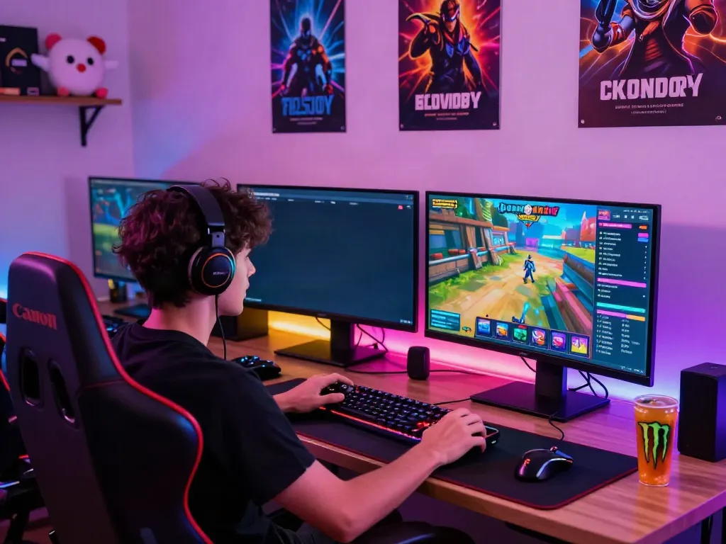 Akunjp online gaming setup with a player engaged in slot gaming on dual monitors surrounded by gaming accessories.