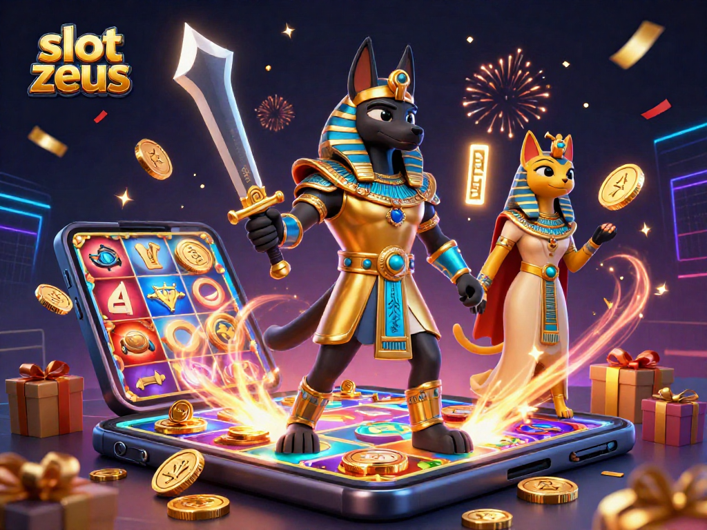Experience exciting wins with slot zeus featuring Anubis and Bastet amidst dynamic casino elements.