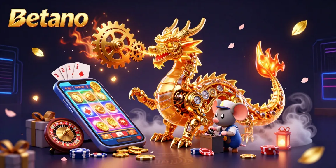 Experience the excitement of Betano with a golden dragon breathing gears amidst colorful casino elements.