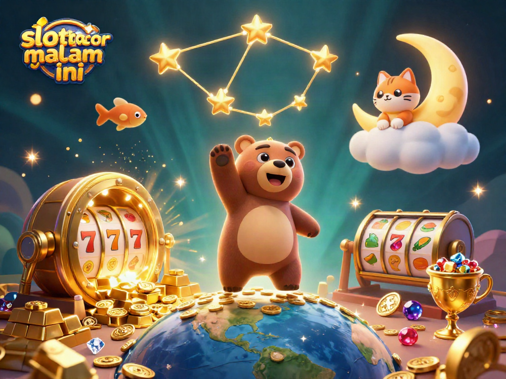 Spin to win with slot gacor malam ini, featuring a bear and treasures in a dazzling scene.