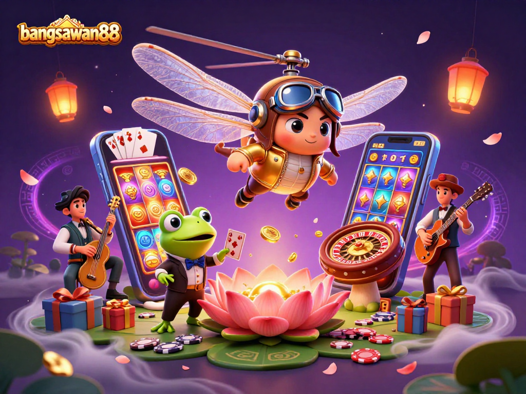 Bangsawan88 showcases a vibrant casino scene with a dragonfly pilot, frog dealer, and cricket musicians.