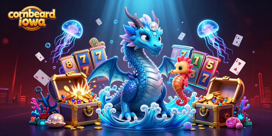 Cornbreadiowa showcases vibrant slot reels and a water dragon, highlighting exciting casino gameplay.