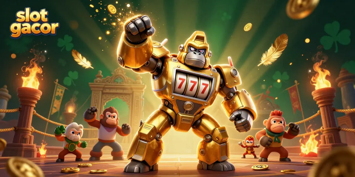 Mainkan slot gacor dengan fitur seru dari karakter gorila emas robot dalam ilustrasi kasino 3D yang kaya.