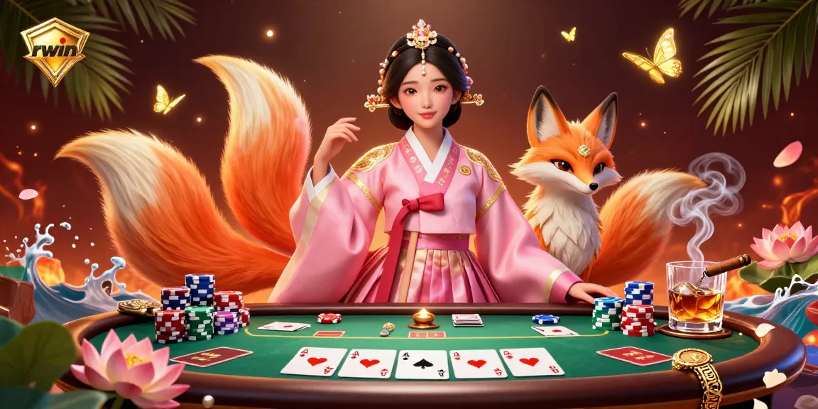 Experience the excitement of rwin with a vibrant 3D illustration of an Asian woman in a hanbok at a poker table.