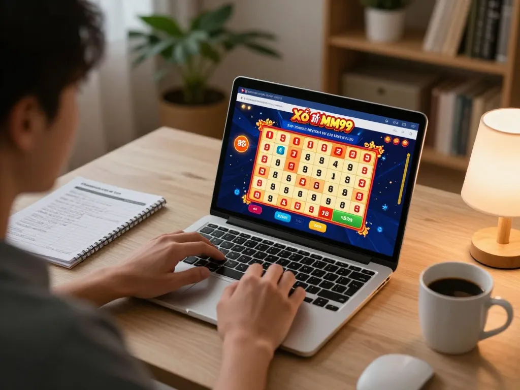 Xổ Số MM99 online gaming session showing a player engaged with vibrant lottery interface at home