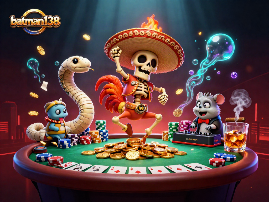 Join the excitement at batman138 with vibrant casino-themed celebration featuring playful characters.