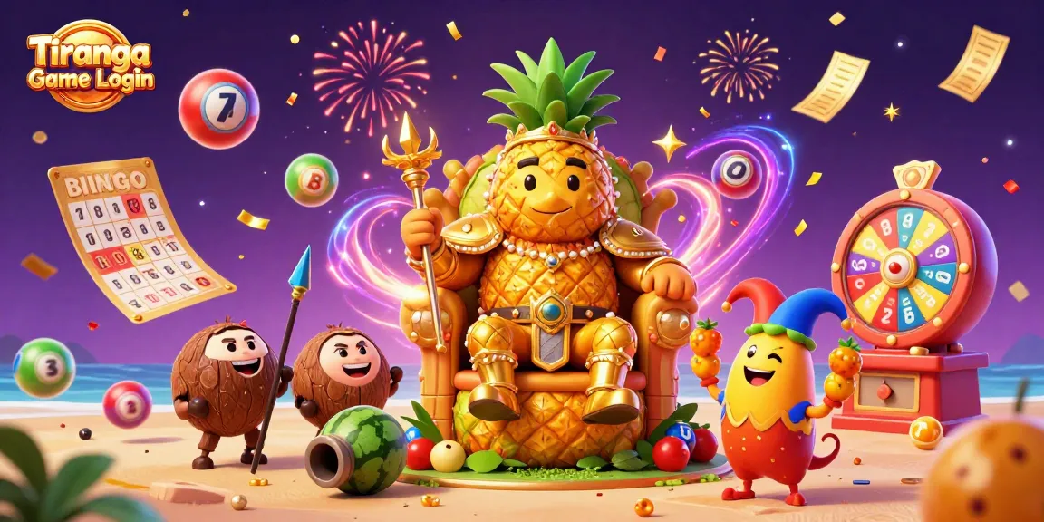 Tiranga Game Login vibrant illustration featuring a golden pineapple king and festive gaming elements.