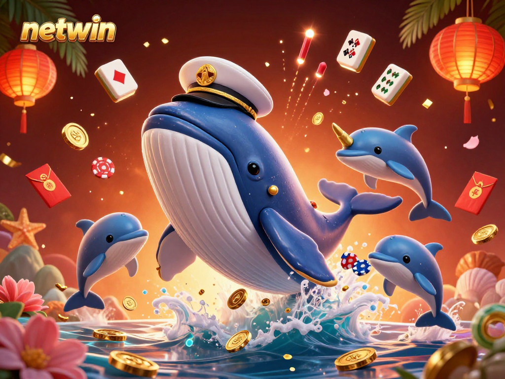 Engage with netwin as a giant whale breaches through coins with dolphins and a narwhal in this vibrant casino scene.