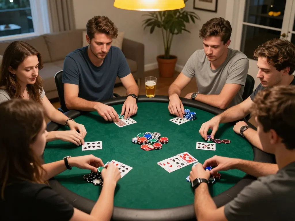 Players enjoying a poker night at home showcasing hytw3339 in a friendly atmosphere.