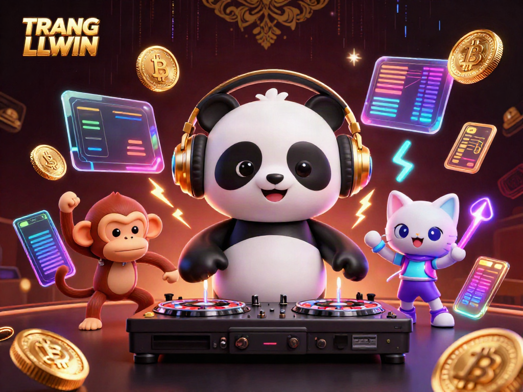 Engage with TRANG CHỦ LLWIN through a lively 3D casino party scene featuring colorful characters and elements.