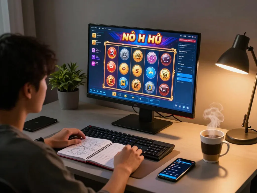 Engaging in a thrilling game nổ hũ online with vibrant slot reels and strategic notes.