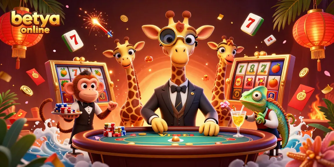 Betya online showcases a high-roller giraffe and monkey valet at a vibrant casino scene.