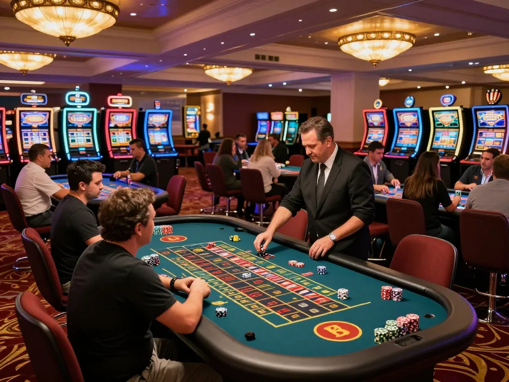 Engaged players at Bbet roulette table, vibrant casino atmosphere with dynamic betting action