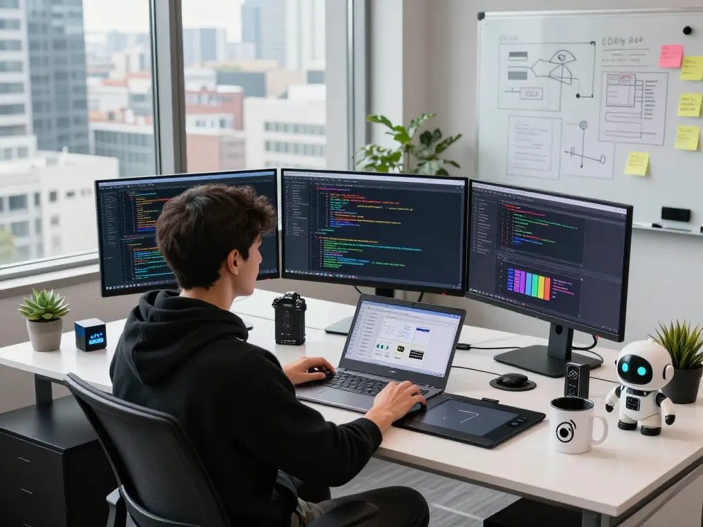 OpenClaw developer coding in a modern tech workspace with multiple screens, highlighting advanced software development.