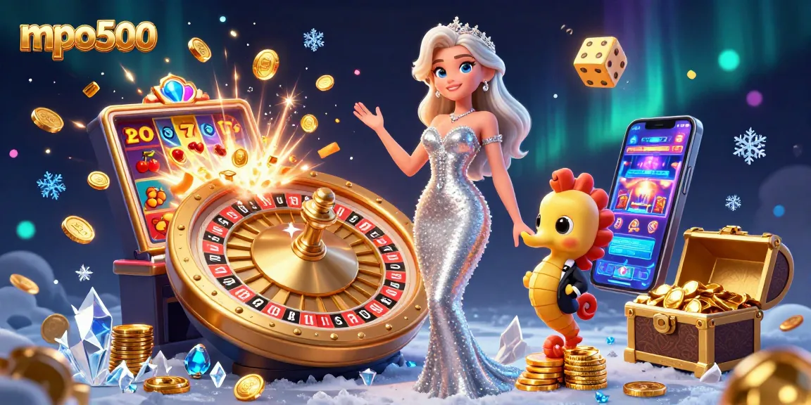 MPO500 features expansive gaming excitement with a glamorous mermaid and roulette wheel, radiating golden coins.