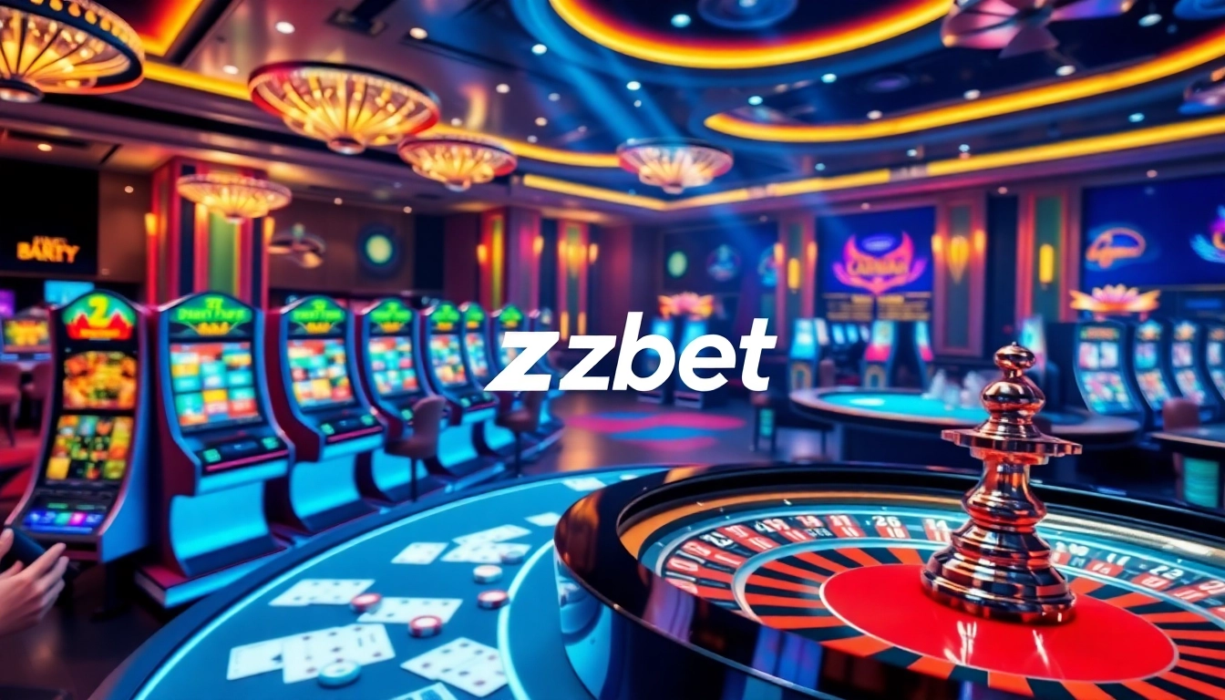 Engage with zbet's exciting online gambling features, showcasing vibrant slot machines and a dynamic roulette wheel.