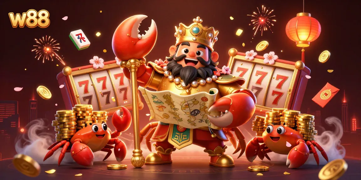 Trải nghiệm W88 tuyệt vời qua slot game với một vị vua cua vàng, cầm bản đồ kho báu, ánh đèn lồng và tiền xu.