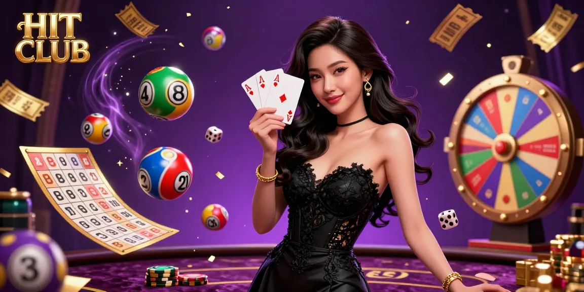 Experience the excitement of HIT CLUB with colorful lottery elements and a stylish Asian dealer in a luxurious casino.