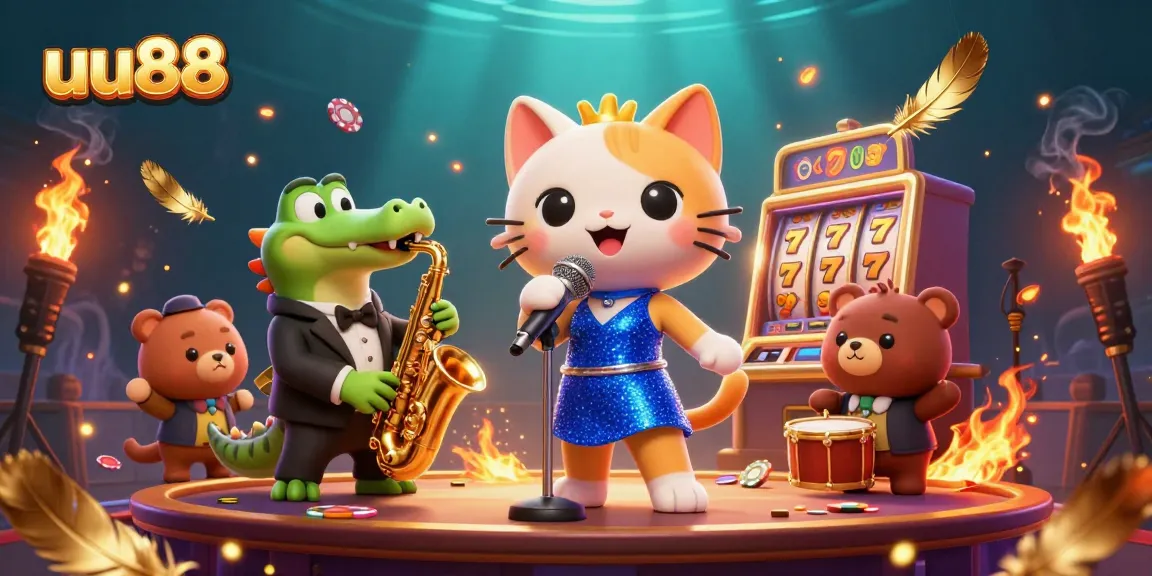 Bet on uu88 while enjoying a dynamic casino scene featuring a jazz-singer cat and vibrant slot machines.