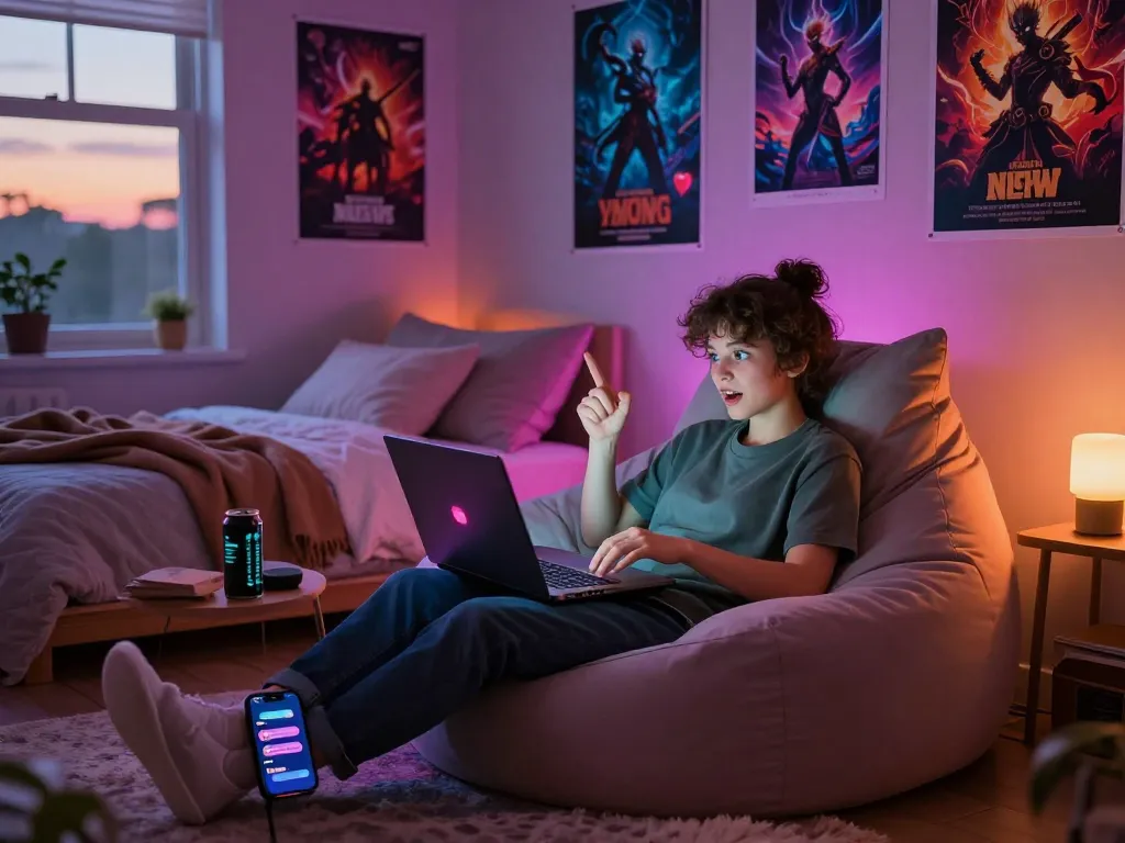 Engaging in an nsfw chat with AI in a cozy bedroom, vibrant decor and relaxed atmosphere.