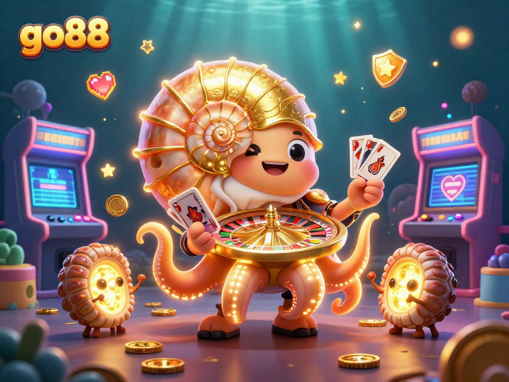 Experience the vibrant world of go88 gaming with a dynamic 3D nautilus and glowing arcade elements.