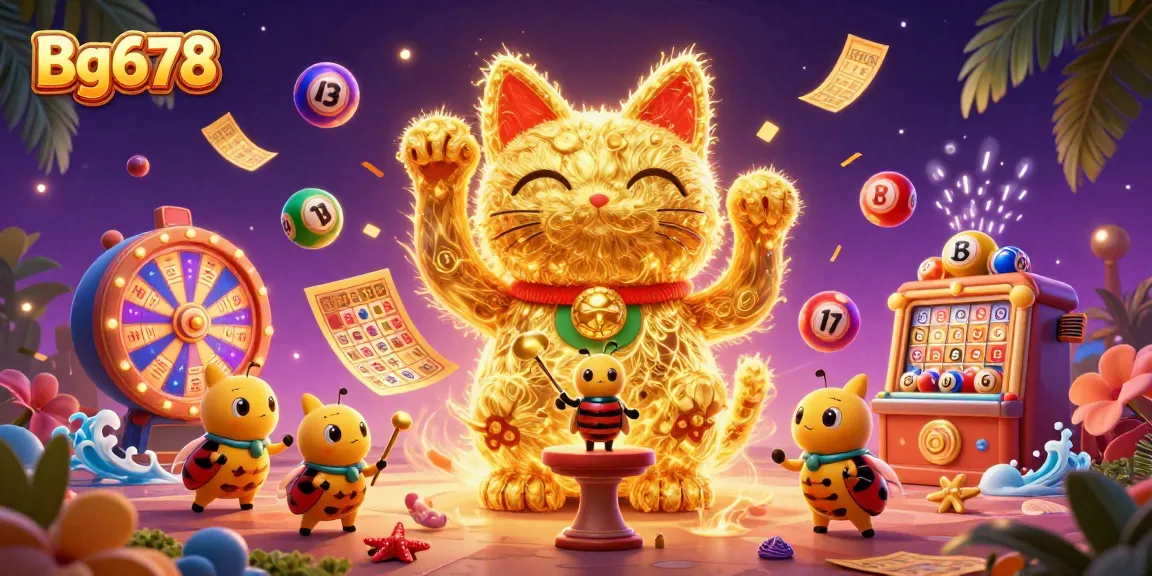 Engage with Bg678's dynamic gaming world featuring lottery balls and a golden lucky cat.