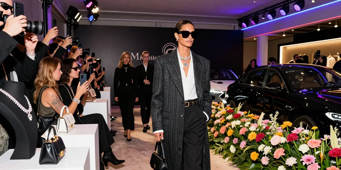 Acara mode mewah dengan luxus111, individu bergaya memperagakan busana elegan di jalur catwalk.