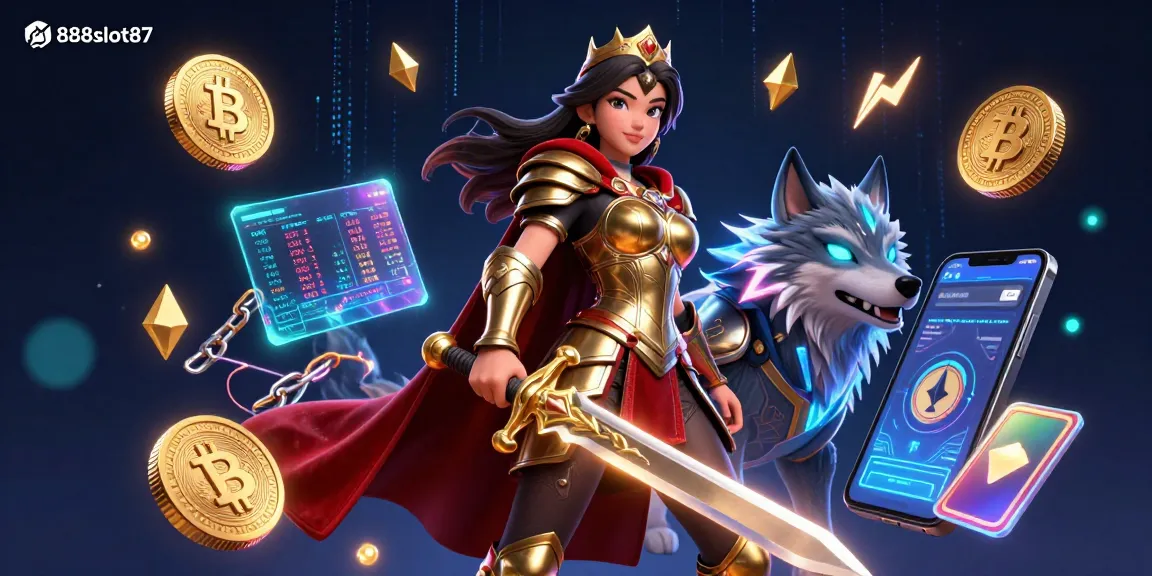 Experience the excitement of gambling with 888slot87 in this vibrant, action-packed 3D illustration featuring warriors and crypto elements.