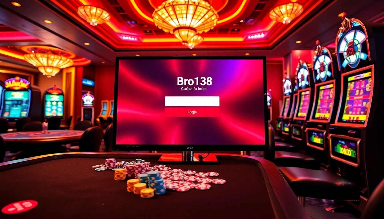 Experience a professional bro138 login amidst elegant casino visuals filled with vibrant slot machines and poker chips.