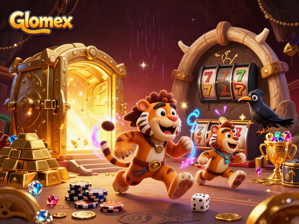 Glomex casino scene featuring caveman and sabertooth duo amidst vibrant slot reels, animated with rich treasures.