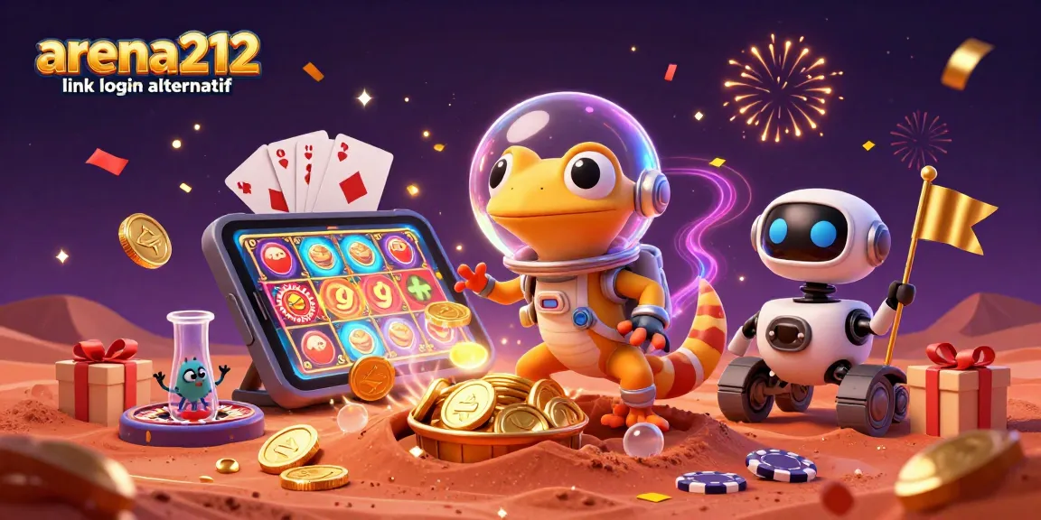 Mengakses arena212 link login alternatif untuk bermain slot dan permainan kasino dengan semangat dalam ilustrasi futuristik.