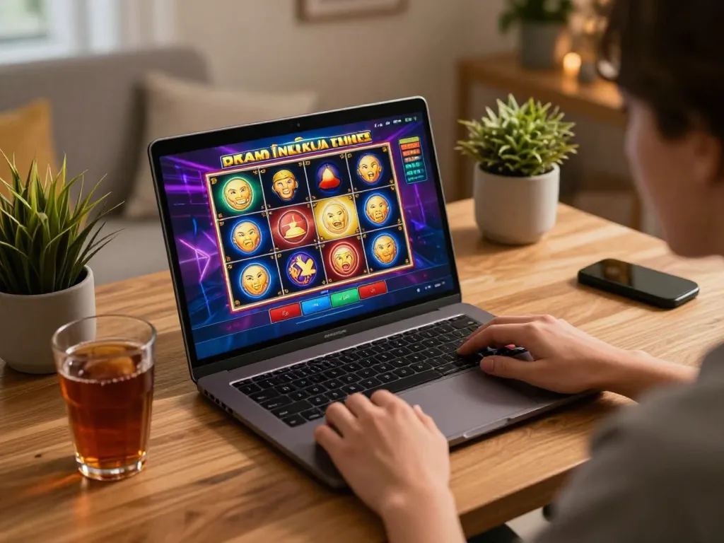 Experience exhilarating online gaming with ATQ slots on a modern laptop in a cozy home setup