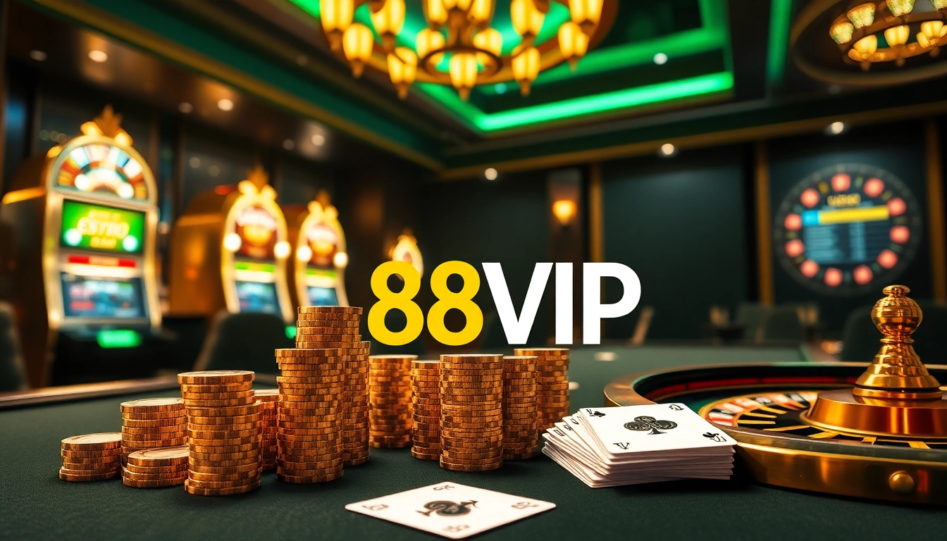 A luxurious scene showcasing the 68VIP online gambling experience with poker and slot machines.