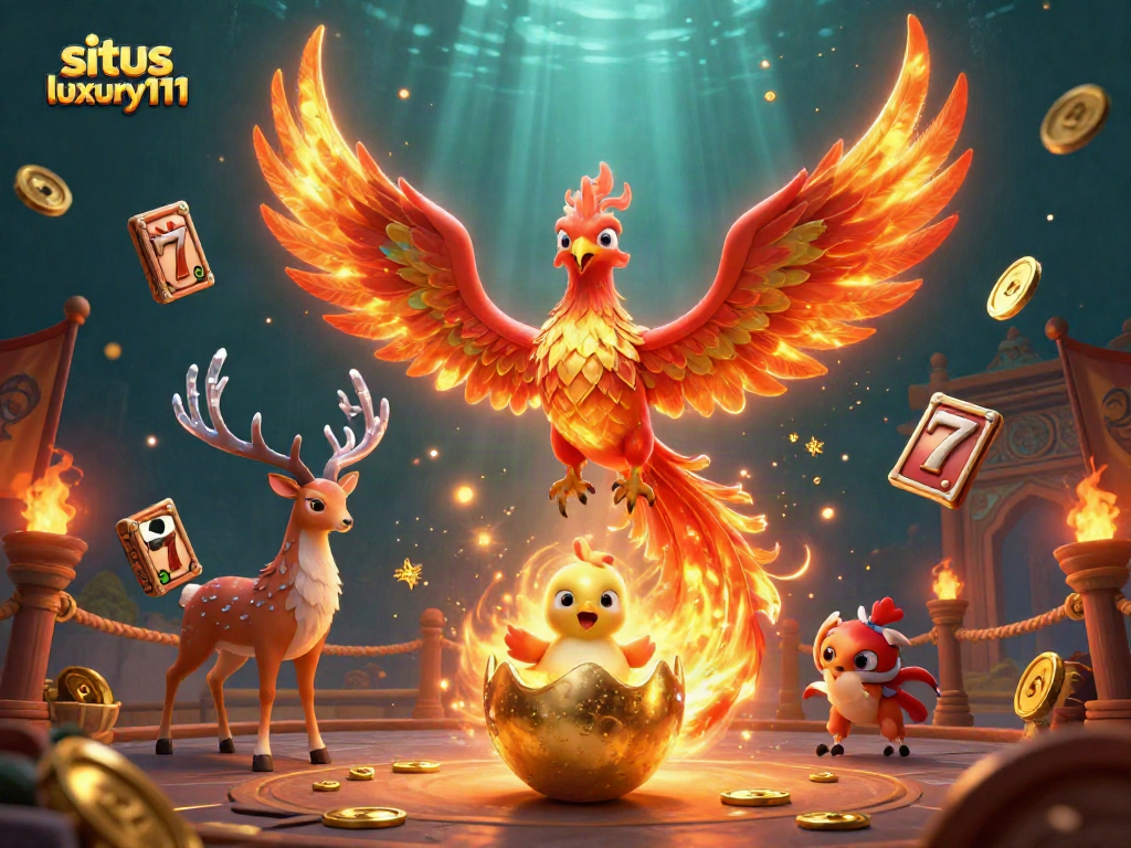 Experience thrilling gameplay at situs luxury111 with vibrant 3D casino art showing phoenix and stag in action.