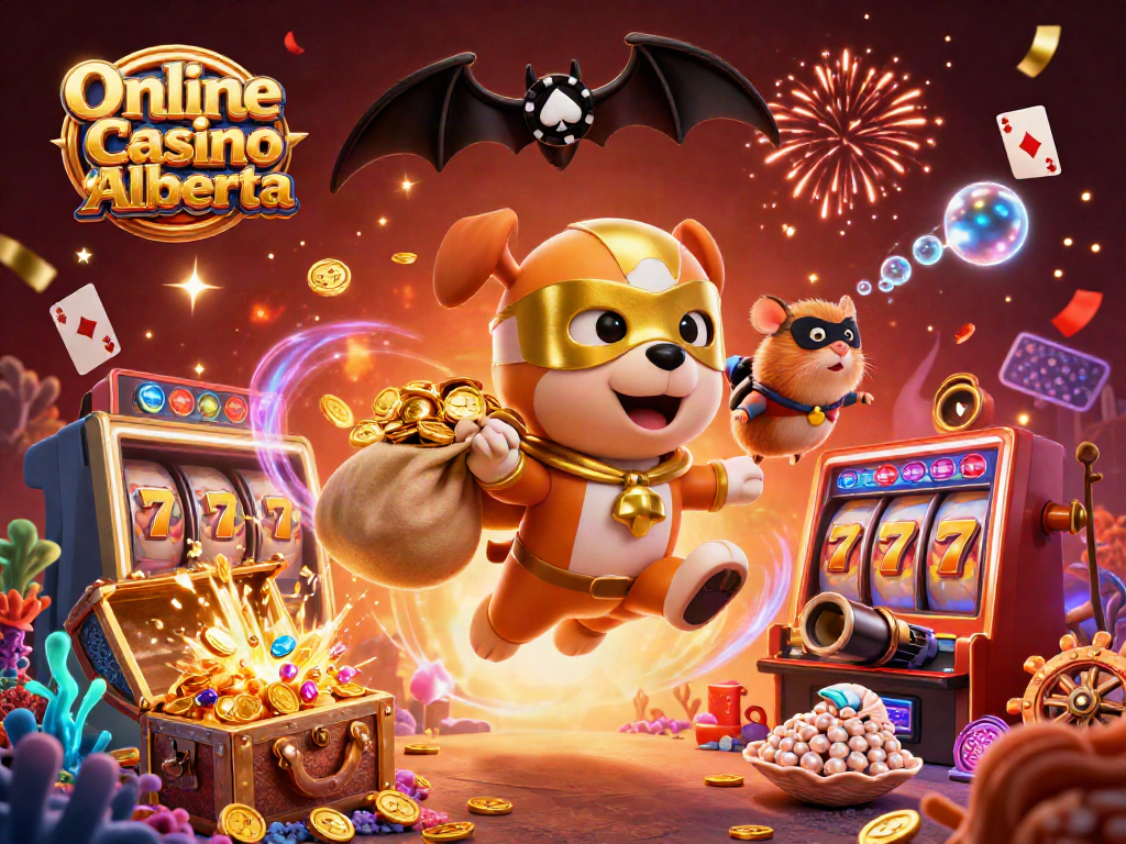 Play exciting games at Online Casino Alberta with superhero dog and hamster in a vibrant 3D scene.